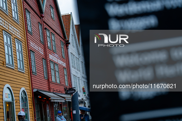 A welcome sign in the World Heritage site of Bryggen, in Bergen, Norway, on September 15, 2024. Bergen is the second-largest city in Norway,...