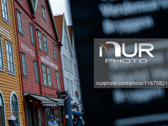 A welcome sign in the World Heritage site of Bryggen, in Bergen, Norway, on September 15, 2024. Bergen is the second-largest city in Norway,...