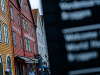 A welcome sign in the World Heritage site of Bryggen, in Bergen, Norway, on September 15, 2024. Bergen is the second-largest city in Norway,...