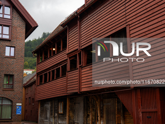 A view of Bryggen, the historic Hanseatic Wharf in Bergen, Norway, on September 15, 2024. Bryggen, a UNESCO World Heritage site, is one of B...