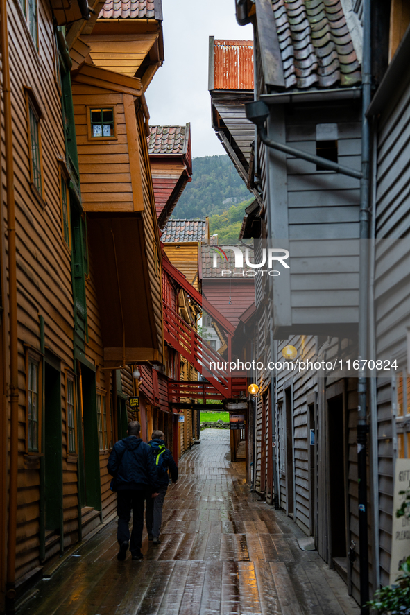 A view of Bryggen, the historic Hanseatic Wharf in Bergen, Norway, on September 15, 2024. Bryggen, a UNESCO World Heritage site, is one of B...