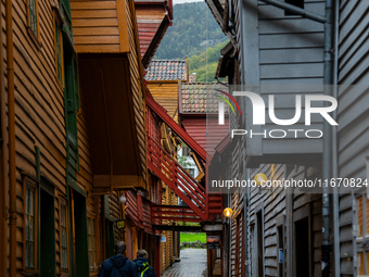 A view of Bryggen, the historic Hanseatic Wharf in Bergen, Norway, on September 15, 2024. Bryggen, a UNESCO World Heritage site, is one of B...