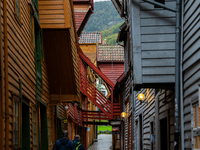 A view of Bryggen, the historic Hanseatic Wharf in Bergen, Norway, on September 15, 2024. Bryggen, a UNESCO World Heritage site, is one of B...