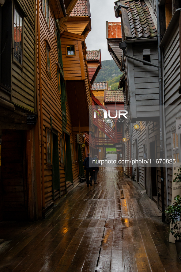 A view of Bryggen, the historic Hanseatic Wharf in Bergen, Norway, on September 15, 2024. Bryggen, a UNESCO World Heritage site, is one of B...