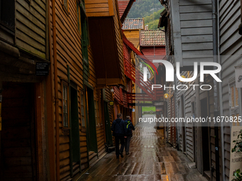 A view of Bryggen, the historic Hanseatic Wharf in Bergen, Norway, on September 15, 2024. Bryggen, a UNESCO World Heritage site, is one of B...