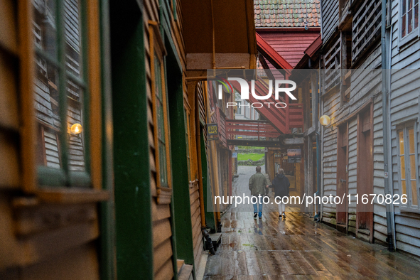 A view of Bryggen, the historic Hanseatic Wharf in Bergen, Norway, on September 15, 2024. Bryggen, a UNESCO World Heritage site, is one of B...