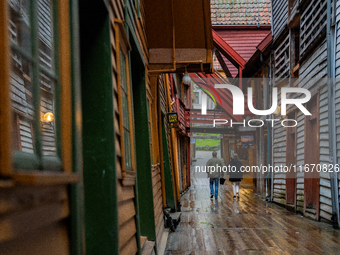 A view of Bryggen, the historic Hanseatic Wharf in Bergen, Norway, on September 15, 2024. Bryggen, a UNESCO World Heritage site, is one of B...