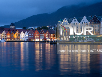 A view of the Bredsgarden buildings at night in Bergen, Norway, on September 15, 2024. Bergen is the second-largest city in Norway, with a p...