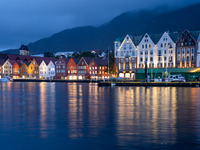 A view of the Bredsgarden buildings at night in Bergen, Norway, on September 15, 2024. Bergen is the second-largest city in Norway, with a p...