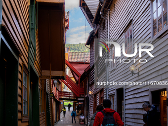 A view of Bryggen, the historic Hanseatic Wharf in Bergen, Norway, on September 15, 2024. Bryggen, a UNESCO World Heritage site, is one of B...