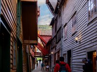 A view of Bryggen, the historic Hanseatic Wharf in Bergen, Norway, on September 15, 2024. Bryggen, a UNESCO World Heritage site, is one of B...