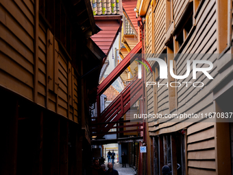 A view of Bryggen, the historic Hanseatic Wharf in Bergen, Norway, on September 15, 2024. Bryggen, a UNESCO World Heritage site, is one of B...