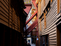 A view of Bryggen, the historic Hanseatic Wharf in Bergen, Norway, on September 15, 2024. Bryggen, a UNESCO World Heritage site, is one of B...