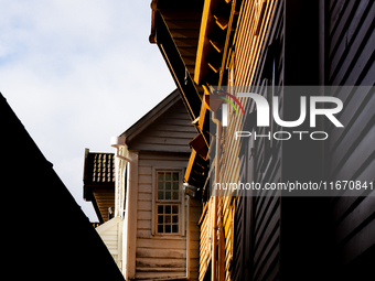 A view of Bryggen, the historic Hanseatic Wharf in Bergen, Norway, on September 15, 2024. Bryggen, a UNESCO World Heritage site, is one of B...