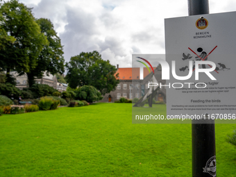 A sign in a park in Bergen, Norway, on September 16, 2024, prohibits feeding the birds, emphasizing the environmental issues caused by overf...