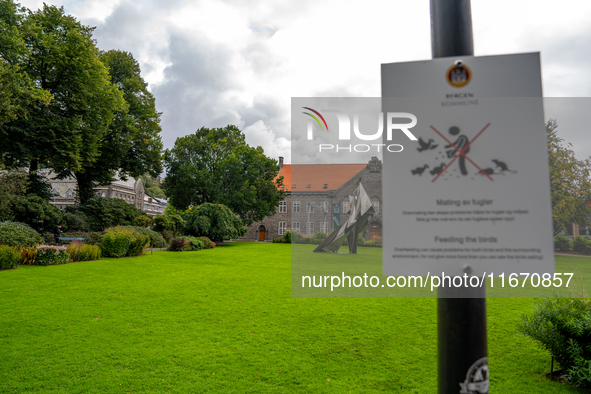 A sign in a park in Bergen, Norway, on September 16, 2024, prohibits feeding the birds, emphasizing the environmental issues caused by overf...