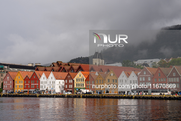 A view of Bryggen, the historic Hanseatic Wharf in Bergen, Norway, on September 15, 2024. Bryggen, a UNESCO World Heritage site, is one of B...