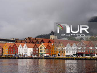 A view of Bryggen, the historic Hanseatic Wharf in Bergen, Norway, on September 15, 2024. Bryggen, a UNESCO World Heritage site, is one of B...