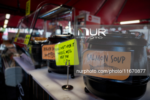 Salmon soup at the fish market in Bergen, Norway, on September 16, 2024. Bergen is the second-largest city in Norway, with a population of a...