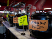 Salmon soup at the fish market in Bergen, Norway, on September 16, 2024. Bergen is the second-largest city in Norway, with a population of a...