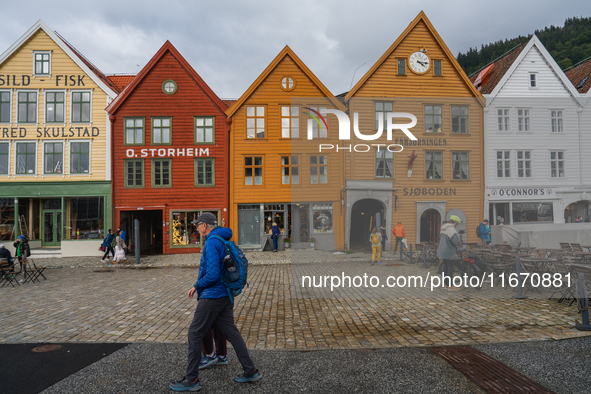 A view of Bryggen, the historic Hanseatic Wharf in Bergen, Norway, on September 16, 2024. Bryggen, a UNESCO World Heritage site, is one of B...