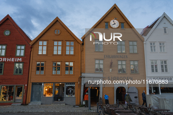 A view of Bryggen, the historic Hanseatic Wharf in Bergen, Norway, on September 16, 2024. Bryggen, a UNESCO World Heritage site, is one of B...