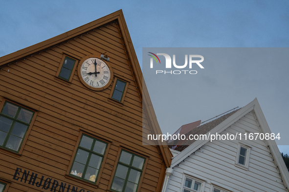 A view of Bryggen, the historic Hanseatic Wharf in Bergen, Norway, on September 16, 2024. Bryggen, a UNESCO World Heritage site, is one of B...