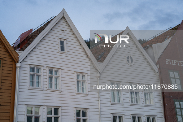 A view of Bryggen, the historic Hanseatic Wharf in Bergen, Norway, on September 16, 2024. Bryggen, a UNESCO World Heritage site, is one of B...