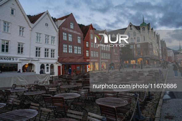 A view of Bryggen, the historic Hanseatic Wharf in Bergen, Norway, on September 16, 2024. Bryggen, a UNESCO World Heritage site, is one of B...