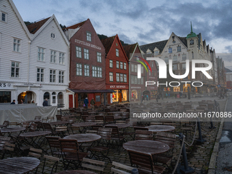 A view of Bryggen, the historic Hanseatic Wharf in Bergen, Norway, on September 16, 2024. Bryggen, a UNESCO World Heritage site, is one of B...