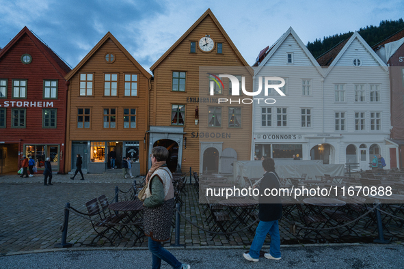 A view of Bryggen, the historic Hanseatic Wharf in Bergen, Norway, on September 16, 2024. Bryggen, a UNESCO World Heritage site, is one of B...