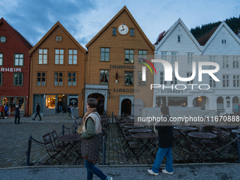 A view of Bryggen, the historic Hanseatic Wharf in Bergen, Norway, on September 16, 2024. Bryggen, a UNESCO World Heritage site, is one of B...