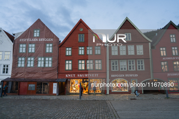 A view of Bryggen, the historic Hanseatic Wharf in Bergen, Norway, on September 16, 2024. Bryggen, a UNESCO World Heritage site, is one of B...