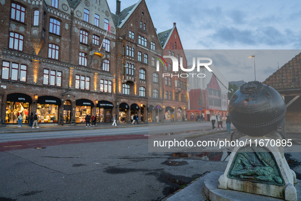 A view of Bryggen, the historic Hanseatic Wharf in Bergen, Norway, on September 16, 2024. Bryggen, a UNESCO World Heritage site, is one of B...