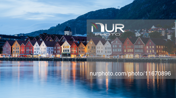 A view of Bryggen, the historic Hanseatic Wharf in Bergen, Norway, at night, on September 16, 2024. Bryggen, a UNESCO World Heritage site, i...