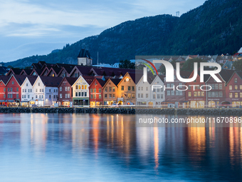 A view of Bryggen, the historic Hanseatic Wharf in Bergen, Norway, at night, on September 16, 2024. Bryggen, a UNESCO World Heritage site, i...