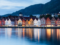 A view of Bryggen, the historic Hanseatic Wharf in Bergen, Norway, at night, on September 16, 2024. Bryggen, a UNESCO World Heritage site, i...