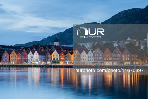 A view of Bryggen, the historic Hanseatic Wharf in Bergen, Norway, at night, on September 16, 2024. Bryggen, a UNESCO World Heritage site, i...