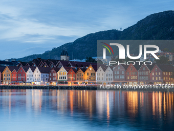 A view of Bryggen, the historic Hanseatic Wharf in Bergen, Norway, at night, on September 16, 2024. Bryggen, a UNESCO World Heritage site, i...