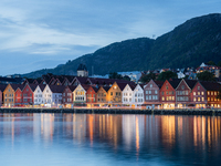 A view of Bryggen, the historic Hanseatic Wharf in Bergen, Norway, at night, on September 16, 2024. Bryggen, a UNESCO World Heritage site, i...