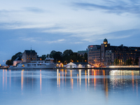 A view of Bryggen, the historic Hanseatic Wharf in Bergen, Norway, at night, on September 16, 2024. Bryggen, a UNESCO World Heritage site, i...