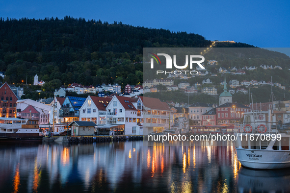 A view of Bryggen, the historic Hanseatic Wharf in Bergen, Norway, at night, on September 16, 2024. Bryggen, a UNESCO World Heritage site, i...