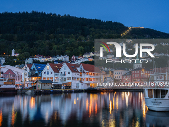 A view of Bryggen, the historic Hanseatic Wharf in Bergen, Norway, at night, on September 16, 2024. Bryggen, a UNESCO World Heritage site, i...