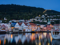 A view of Bryggen, the historic Hanseatic Wharf in Bergen, Norway, at night, on September 16, 2024. Bryggen, a UNESCO World Heritage site, i...