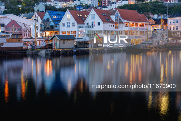 A view of Bryggen, the historic Hanseatic Wharf in Bergen, Norway, at night, on September 16, 2024. Bryggen, a UNESCO World Heritage site, i...