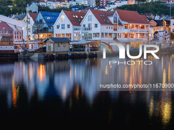 A view of Bryggen, the historic Hanseatic Wharf in Bergen, Norway, at night, on September 16, 2024. Bryggen, a UNESCO World Heritage site, i...