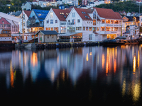 A view of Bryggen, the historic Hanseatic Wharf in Bergen, Norway, at night, on September 16, 2024. Bryggen, a UNESCO World Heritage site, i...