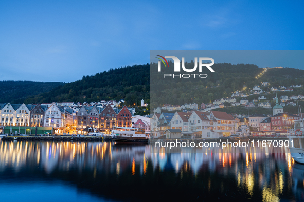 A view of Bryggen, the historic Hanseatic Wharf in Bergen, Norway, at night, on September 16, 2024. Bryggen, a UNESCO World Heritage site, i...