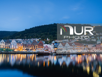 A view of Bryggen, the historic Hanseatic Wharf in Bergen, Norway, at night, on September 16, 2024. Bryggen, a UNESCO World Heritage site, i...