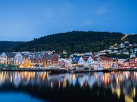 A view of Bryggen, the historic Hanseatic Wharf in Bergen, Norway, at night, on September 16, 2024. Bryggen, a UNESCO World Heritage site, i...